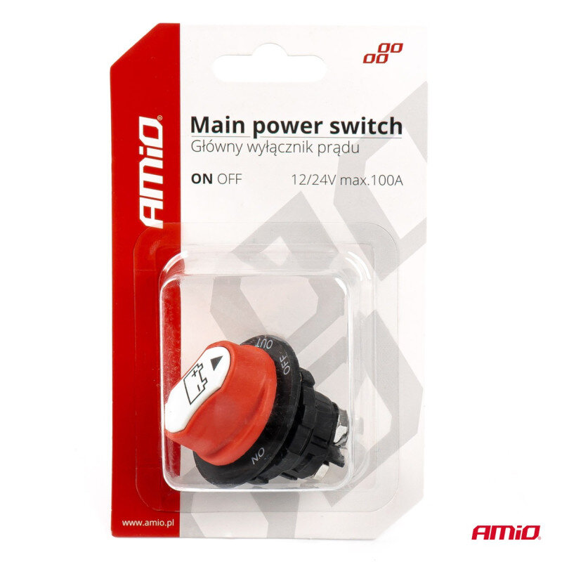 Opakowanie z wyłącznikiem akumulatora, na którym widnieje napis \'Main power switch Główny wyłącznik prądu ON OFF 12/24V max.100A\'. Logo \'AMiO\' znajduje się na opakowaniu oraz w dolnym rogu.