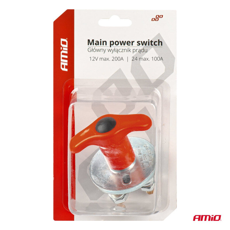Opakowanie zawiera czerwony wyłącznik akumulatora z napisem \'Main power switch Główny wyłącznik prądu 12V max. 200A | 24V max. 100A\'. Logo \'AMiO\' znajduje się w lewym dolnym rogu opakowania.