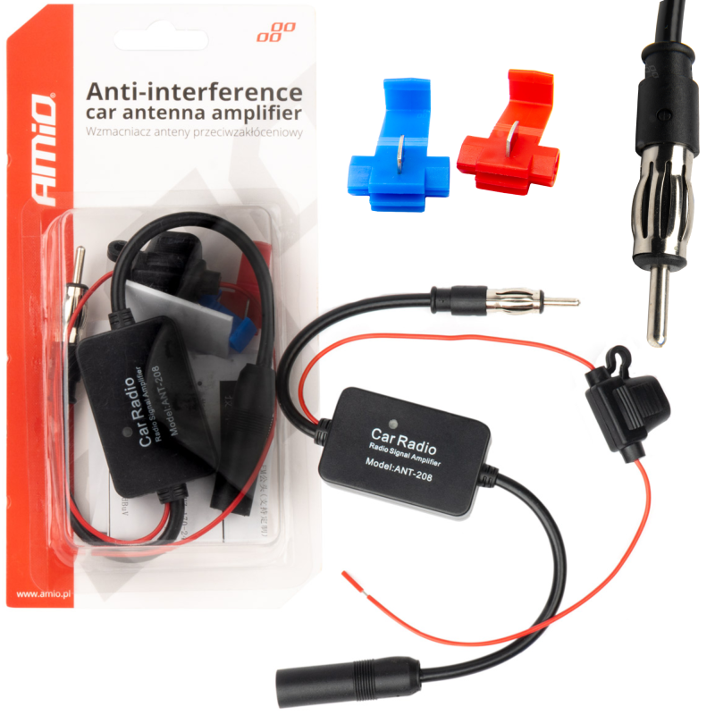 Na obrazie znajduje się opakowanie produktu z napisem \'Anti-interference car antenna amplifier\' oraz \'Wzmacniacz anteny przeciwzakłóceniowy\'. Obok opakowania widoczny jest czarny wzmacniacz z napisem \'Car Radio Radio Signal Amplifier Model: ANT-208\' oraz dwa plastikowe klipsy w kolorze niebieskim i czerwonym.