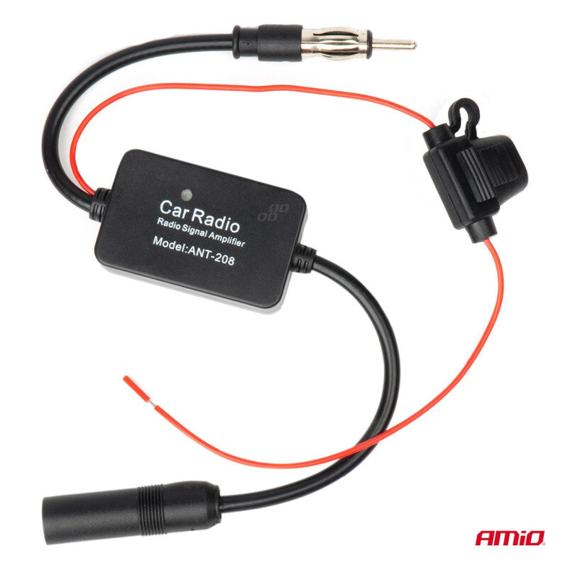 Na obrazie widoczny jest wzmacniacz sygnału radiowego z napisem \'Car Radio Radio Signal Amplifier Model: ANT-208\'. W prawym dolnym rogu znajduje się logo \'Amio\'.