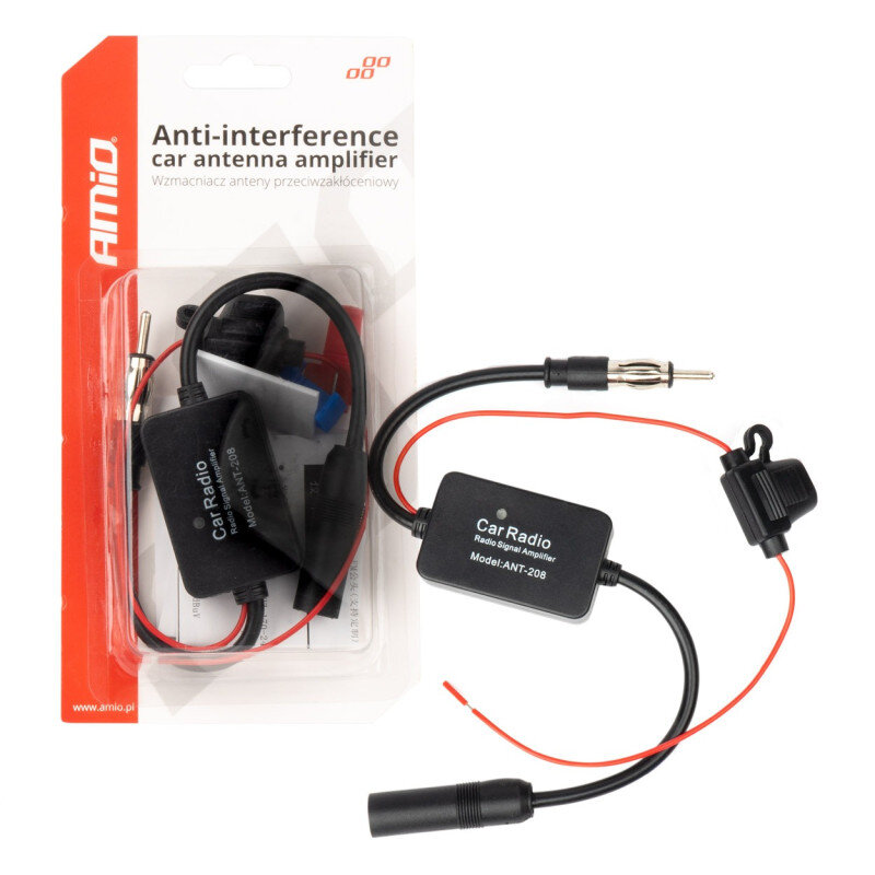 Na obrazie znajduje się opakowanie produktu z napisem \'Anti-interference car antenna amplifier\' oraz \'Wzmacniacz anteny przeciwzakłóceniowy\'. Obok opakowania leży czarny wzmacniacz z napisem \'Car Radio Radio Signal Amplifier Model: ANT-208\' z podłączonymi przewodami.