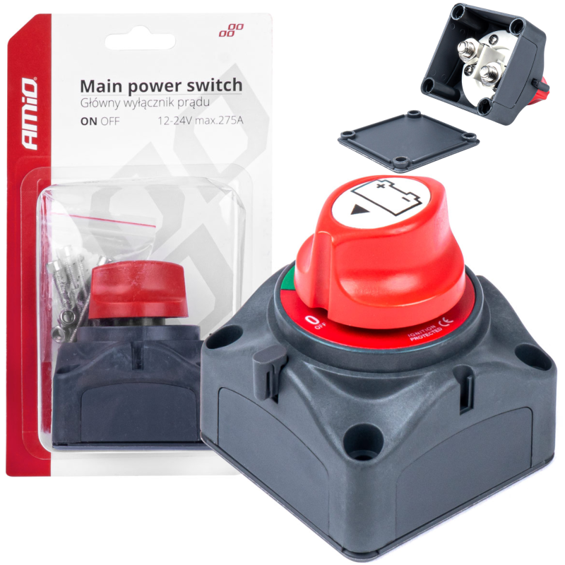 Na obrazie znajduje się wyłącznik akumulatora z czerwonym pokrętłem i czarną podstawą, obok opakowanie z napisem \'AMiO Main power switch Główny wyłącznik prądu ON OFF 12-24V max. 275A\'.