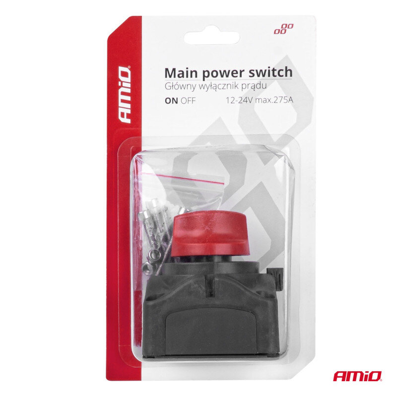 Opakowanie z wyłącznikiem akumulatora, z czerwonym przyciskiem i czarną podstawą, w przezroczystym plastikowym etui. Na opakowaniu widnieje tekst: \'Main power switch Główny wyłącznik prądu ON OFF 12-24V max.275A\' oraz logo \'AMiO\'.
