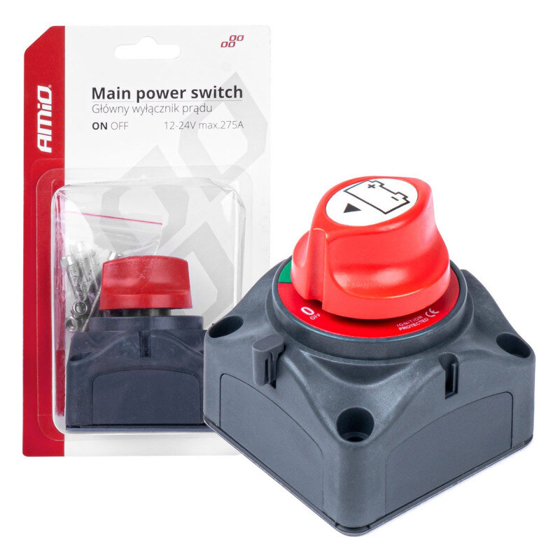 Na obrazie widoczny jest główny wyłącznik prądu z czerwonym pokrętłem i czarną podstawą, obok opakowanie z napisem \'Main power switch Główny wyłącznik prądu ON OFF 12-24V max. 275A\'.
