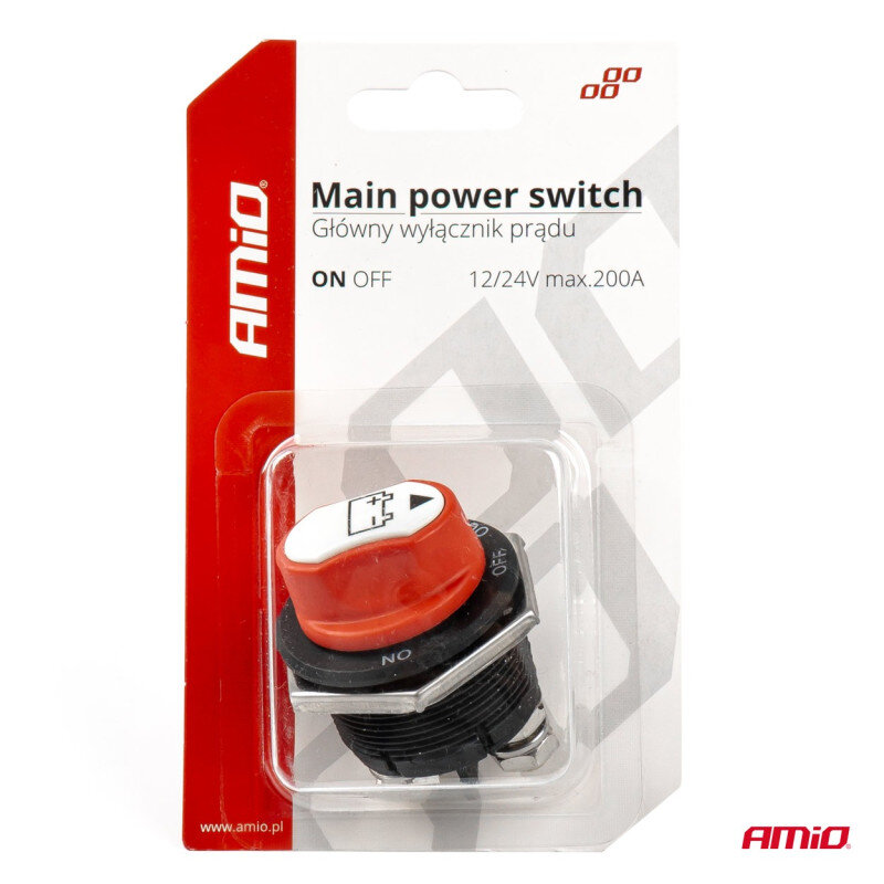 Opakowanie produktu z wyłącznikiem akumulatora, na którym widnieje napis \'Main power switch Główny wyłącznik prądu ON OFF 12/24V max.200A\'. Logo \'AMiO\' znajduje się na opakowaniu.