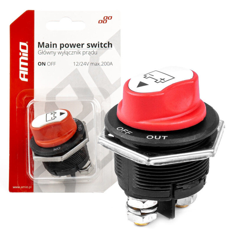 Na obrazie widoczny jest czerwony wyłącznik akumulatora z napisem \'OFF\' i \'OUT\', umieszczony na czarnym tle. W tle znajduje się opakowanie z napisem \'Main power switch Główny wyłącznik prądu ON OFF 12/24V max.200A\' oraz logo \'AMiO\'.