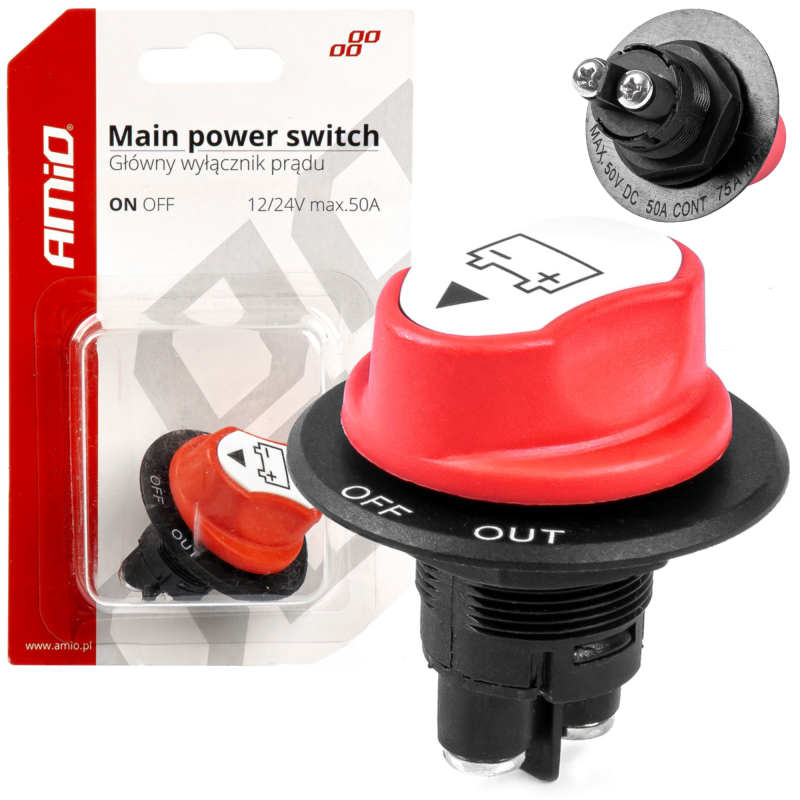 Na obrazie widoczny jest czerwony wyłącznik akumulatora z czarną podstawą, oznaczony symbolami \'OFF\' i \'OUT\'. Opakowanie produktu zawiera tekst: \'Main power switch Główny wyłącznik prądu ON OFF 12/24V max.50A\' oraz logo \'AMiO\'.