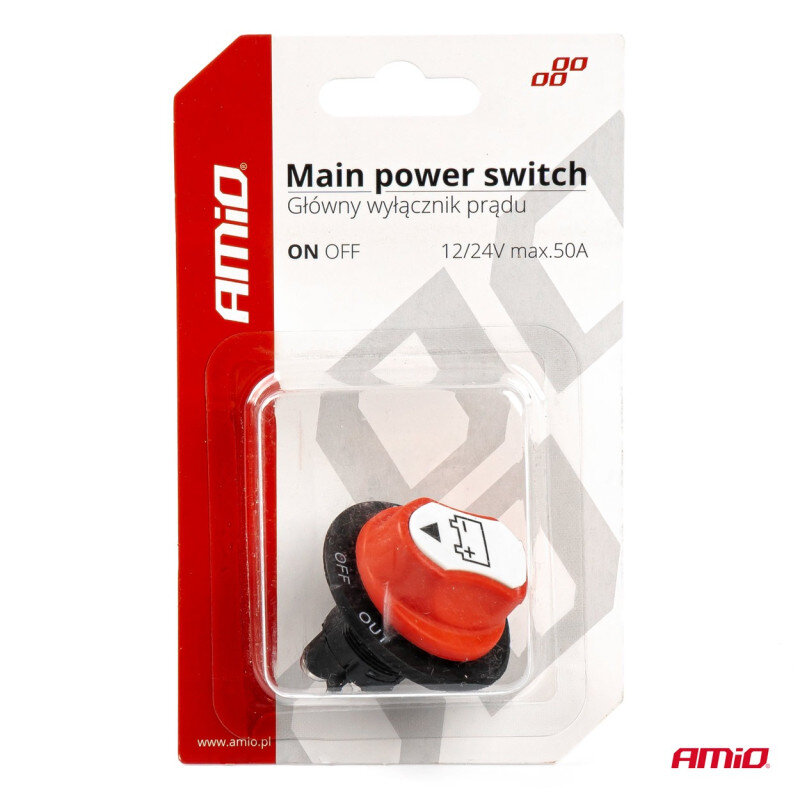 Opakowanie z wyłącznikiem akumulatora, oznaczone jako \'Main power switch Główny wyłącznik prądu\' z logo AMiO. Widoczny czerwony przełącznik z symbolami ON i OFF oraz oznaczeniem 12/24V max.50A.