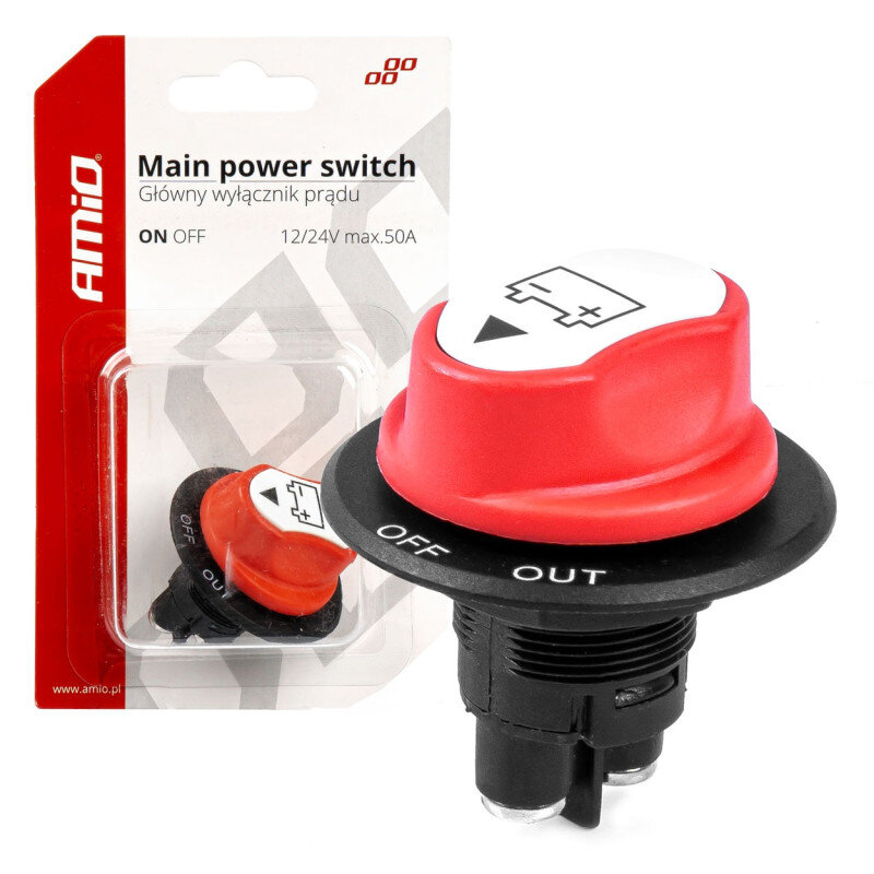 Na obrazie widoczny jest czerwony wyłącznik akumulatora z oznaczeniami \'OFF\' i \'OUT\', a w tle opakowanie z napisem \'Main power switch Główny wyłącznik prądu ON OFF 12/24V max.50A\'.