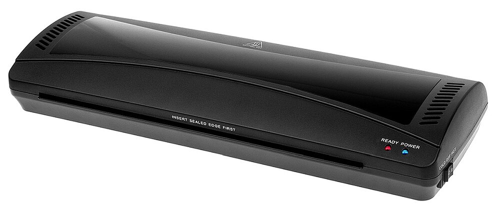 Czarny laminator z napisem \'INSERT SEALED EDGE FIRST\' na przedniej części. Widoczne są diody z oznaczeniami \'READY\' i \'POWER\'.