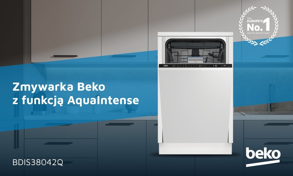 Na obrazie znajduje się zmywarka z napisem \'Zmywarka Beko z funkcją AquaIntense\'. Widoczne są również teksty \'BDIS38042Q\' oraz \'beko\'.