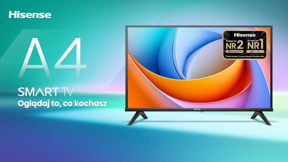 Obraz przedstawia telewizor z kolorowym ekranem i logo Hisense. Obok znajduje się tekst: \'A4 SMART TV Oglądaj to, co kochasz\'.