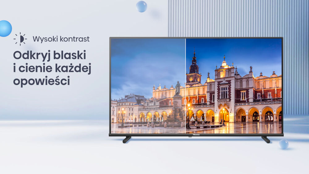 Obraz przedstawia telewizor wyświetlający zdjęcie rynku z budynkami, z wyraźnym podziałem na dwie części o różnym kontraście. Obok telewizora znajduje się tekst: \'Wysoki kontrast Odkryj blaski i cienie każdej opowieści\'.