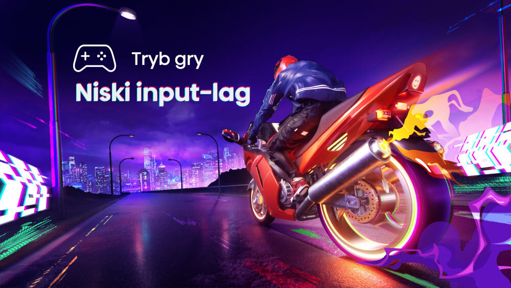 Obraz przedstawia osobę na motocyklu jadącą po futurystycznej drodze z neonowymi światłami. Widoczny jest tekst: \'Tryb gry Niski input-lag\'.