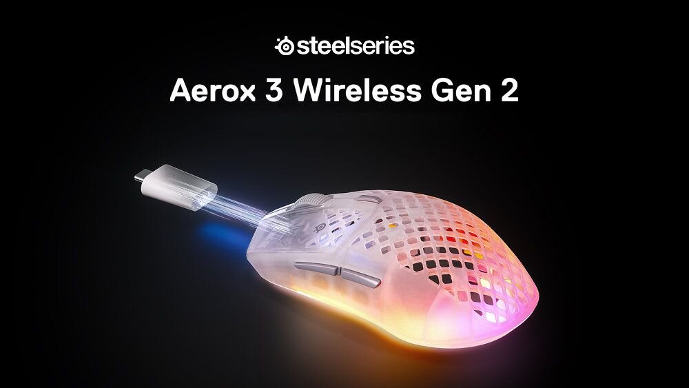 Na czarnym tle widoczna jest mysz komputerowa z przezroczystą obudową i podświetleniem RGB. Nad nią znajduje się tekst: \'steelseries Aerox 3 Wireless Gen 2\'.