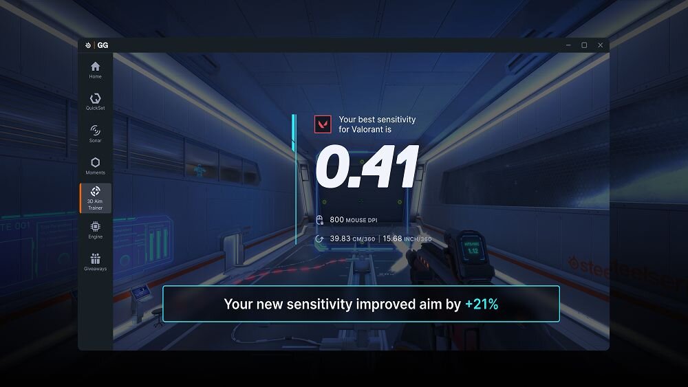 Interfejs aplikacji z widocznym wynikiem czułości myszy dla gry Valorant wynoszącym 0.41. Na dole ekranu znajduje się komunikat: \'Your new sensitivity improved aim by +21%\'.