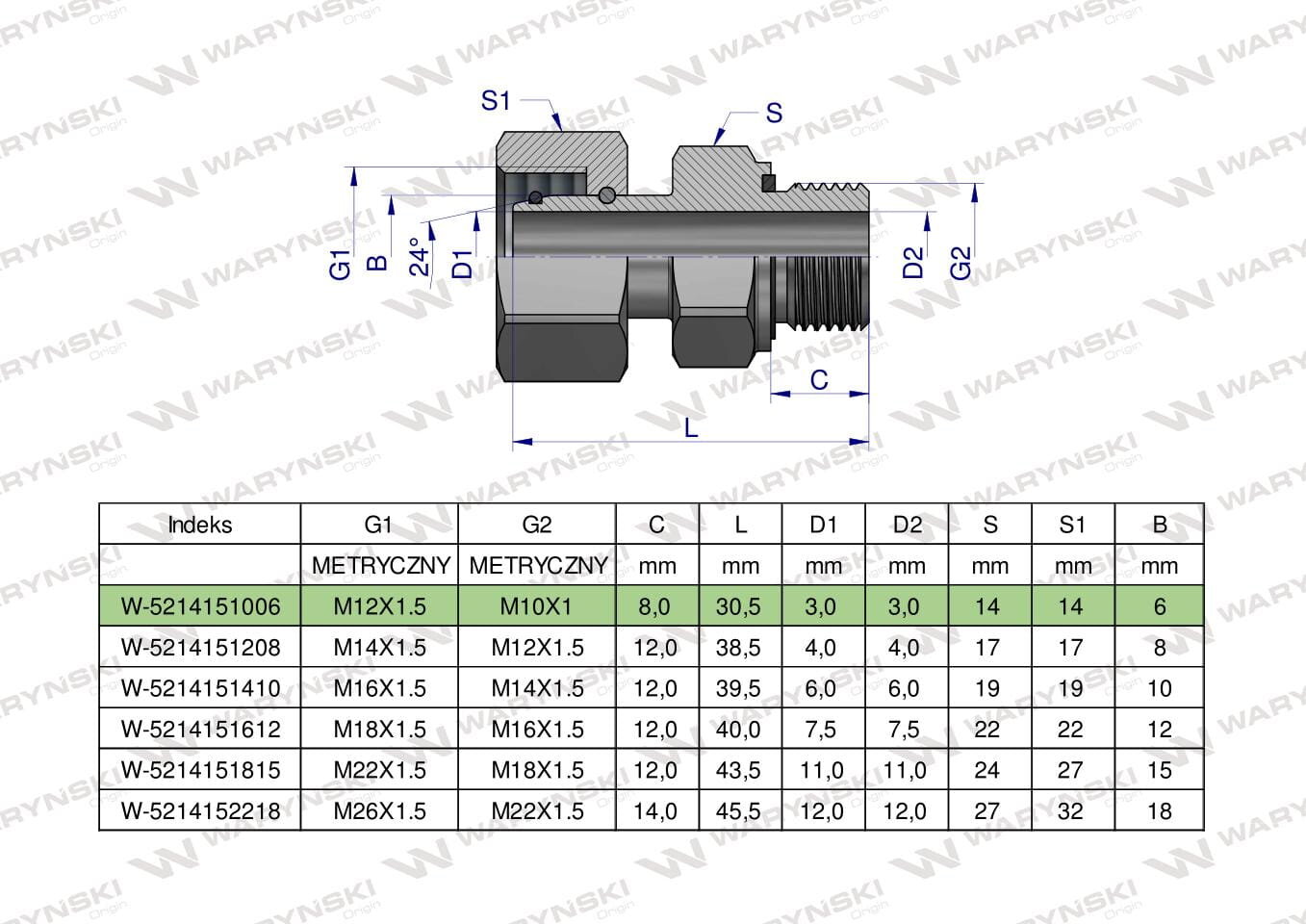 Obraz przedstawia techniczny rysunek przyłączki hydraulicznej z tabelą wymiarów. W tabeli znajdują się indeksy, wymiary gwintów oraz inne parametry techniczne, z wyróżnionym wierszem dla indeksu W-5214151006.