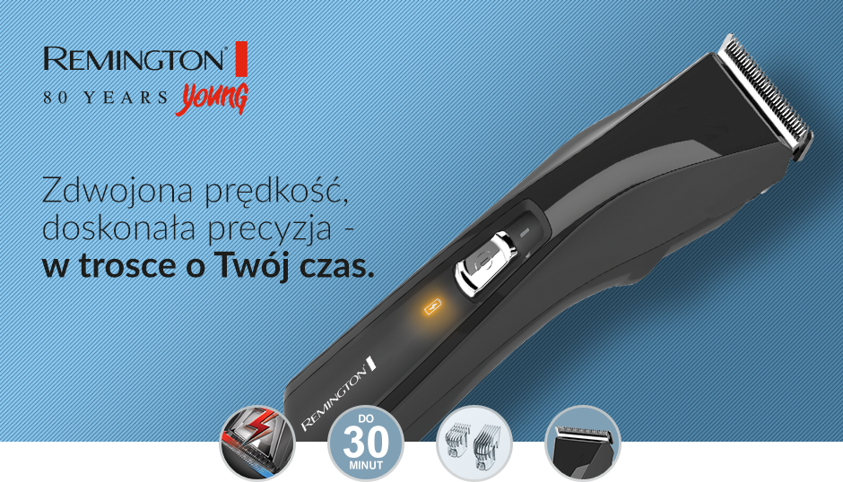 Na niebieskim tle widoczna jest czarna strzyżarka z logo REMINGTON i pomarańczowym wskaźnikiem. Obok znajduje się tekst: \'REMINGTON 80 YEARS young\', \'Zdwójona prędkość, doskonała precyzja - w trosce o Twój czas.\' oraz ikony przedstawiające funkcje urządzenia.