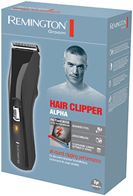 Opakowanie strzyżarki z napisem \'REMINGTON Groom\' i zdjęciem mężczyzny. Widoczny tekst: \'HAIR CLIPPER ALPHA\' oraz ikony przedstawiające funkcje urządzenia.
