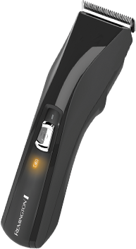 Czarna strzyżarka z widocznym logo \'REMINGTON\' i podświetlanym wskaźnikiem. Urządzenie ma ergonomiczny kształt i srebrny przycisk na obudowie.