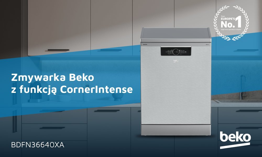 Zmywarka Beko z funkcją CornerIntense w srebrnym kolorze, umieszczona na tle kuchni. Widoczny tekst: \'Zmywarka Beko z funkcją CornerIntense\' oraz \'BDFN36640XA\'.