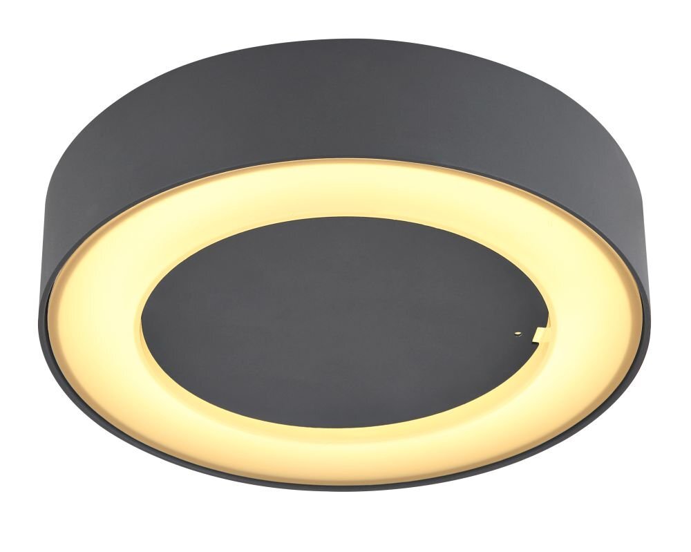 Okrągła lampa sufitowa w kolorze antracytowym z centralnym źródłem światła LED, emitującym ciepłe, żółte światło. Lampa ma nowoczesny design i jest przeznaczona do użytku zewnętrznego.