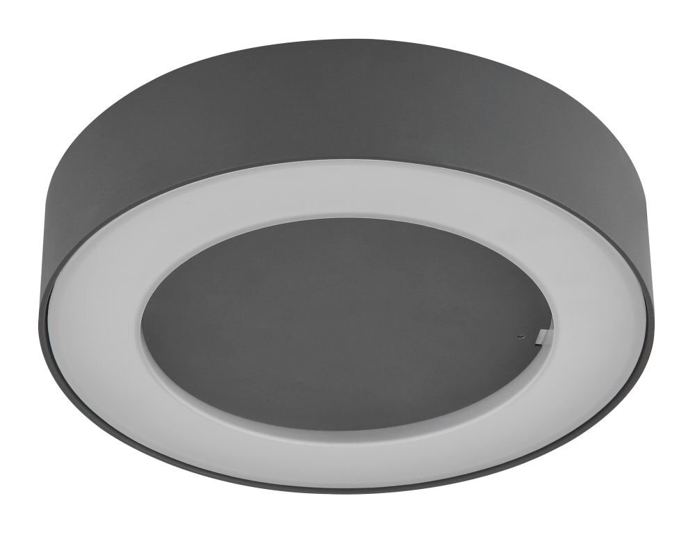 Okrągła lampa sufitowa w kolorze antracytowym z białym pierścieniem świetlnym. Lampa ma nowoczesny design i jest przeznaczona do użytku zewnętrznego.