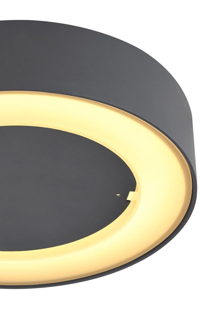 Obraz przedstawia okrągłą lampę sufitową w kolorze antracytowym z jasnym, świecącym pierścieniem LED. Lampa ma nowoczesny design i jest przeznaczona do użytku zewnętrznego.