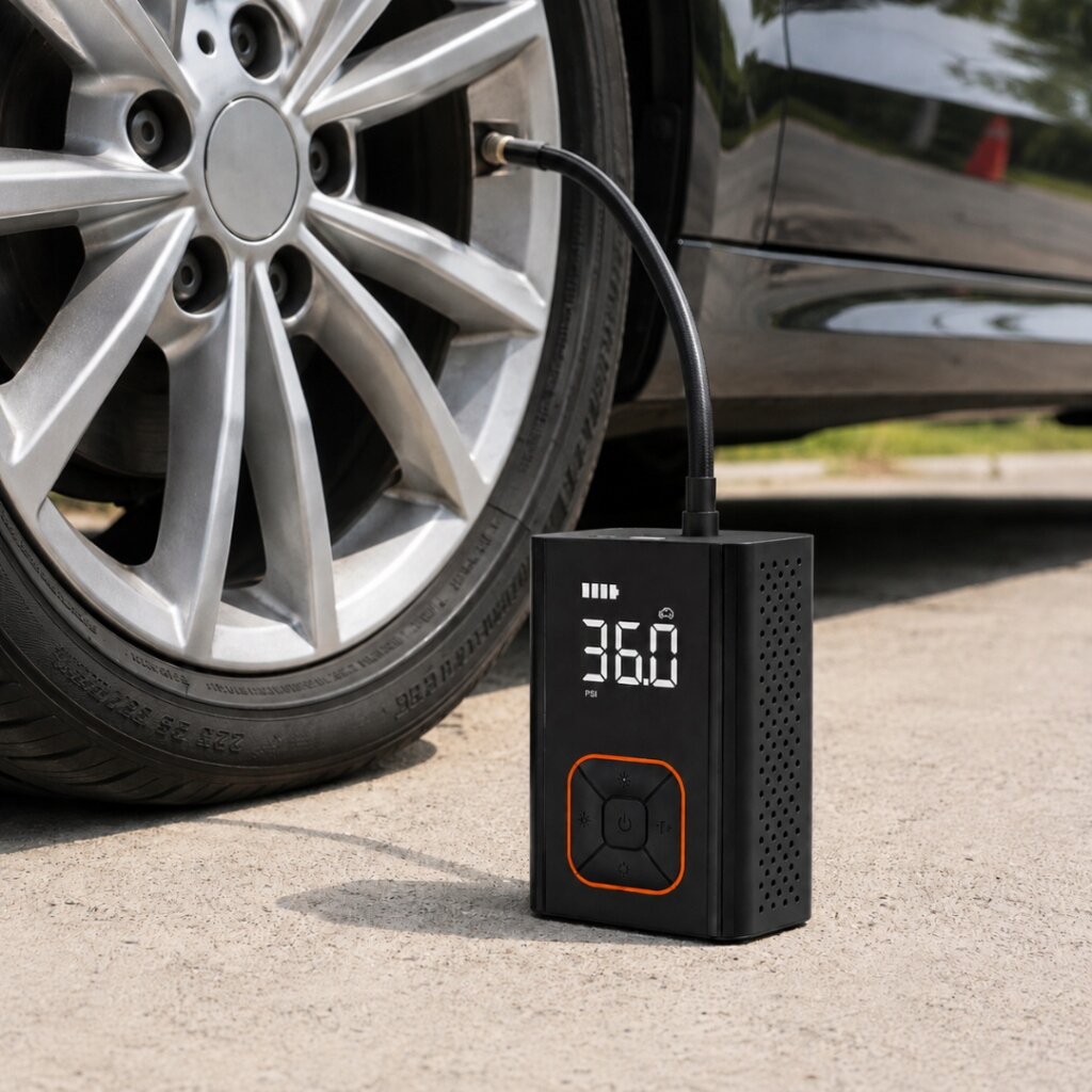 Bezprzewodowa elektryczna pompka 180 PSI jest podłączona do opony samochodowej. Na wyświetlaczu urządzenia widoczny jest napis \'36.0 PSI\'.