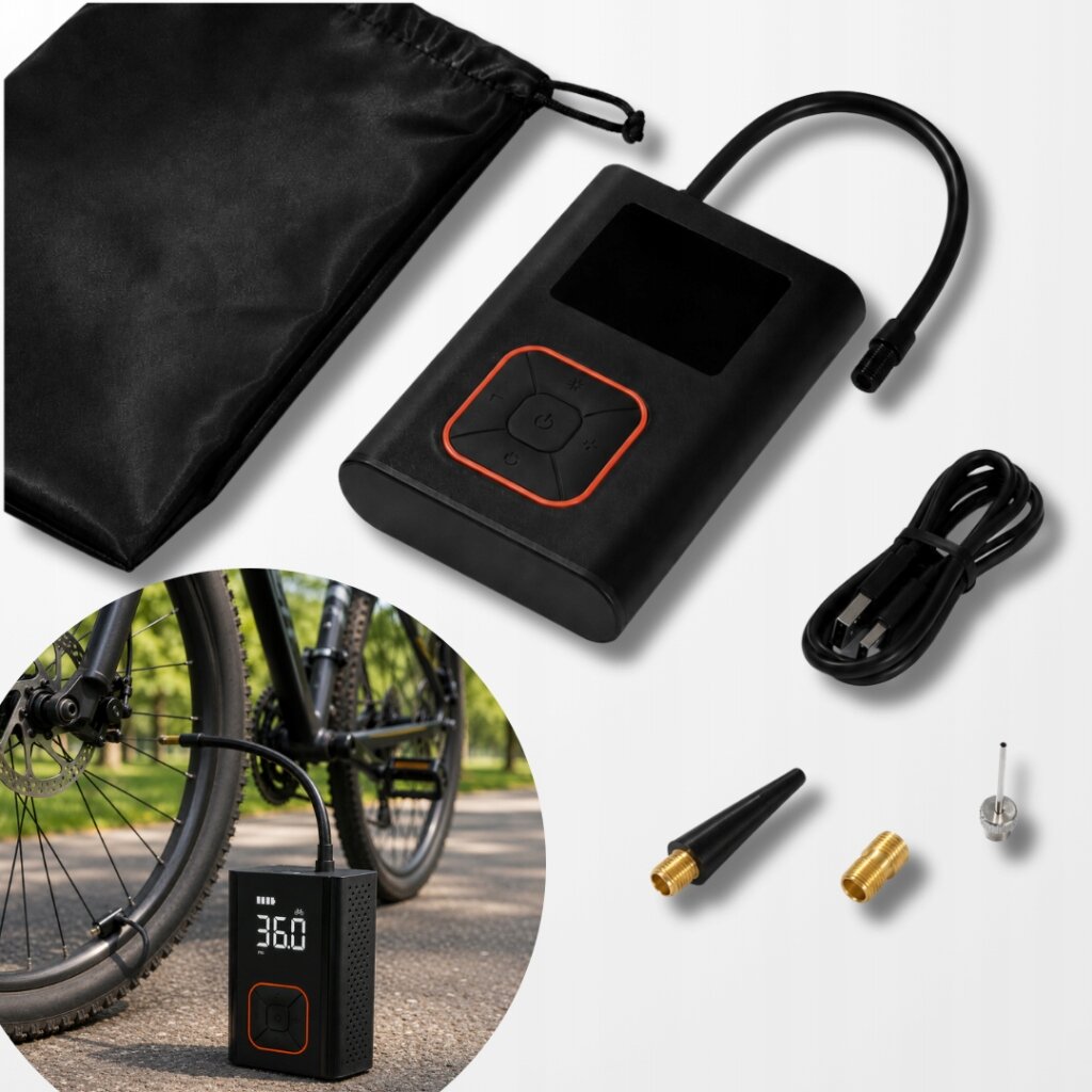 Na obrazie widoczna jest bezprzewodowa elektryczna pompka z wyświetlaczem pokazującym \'36.0\', zestaw końcówek, kabel USB oraz czarny worek. W tle widać rower z podłączoną pompką.