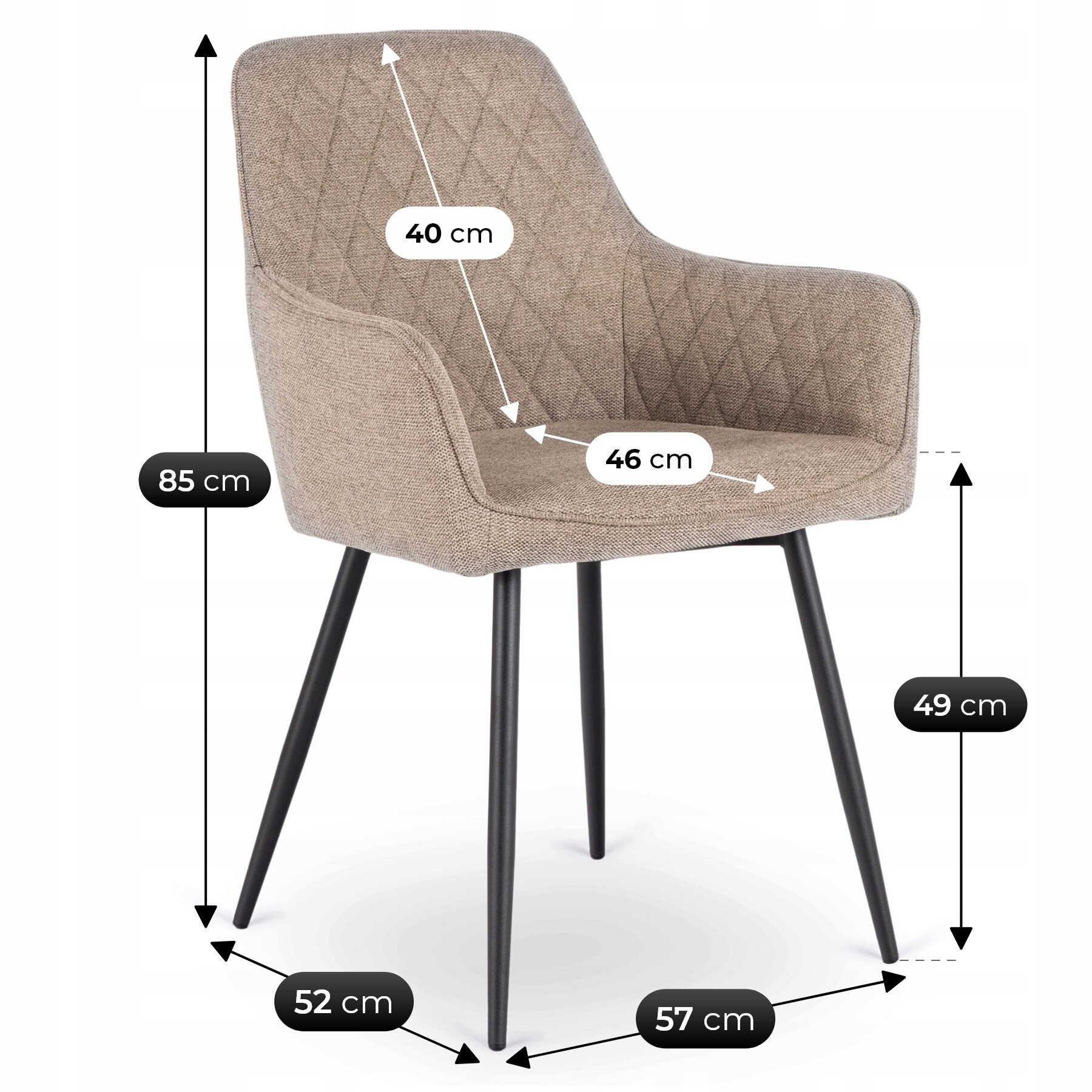Beżowe krzesło tapicerowane z tkaniny, z czarnymi nogami, posiada wymiary: wysokość 85 cm, szerokość 57 cm, głębokość 52 cm, wysokość siedziska 49 cm, głębokość siedziska 46 cm, wysokość oparcia 40 cm. Oparcie i siedzisko mają wzór w romby.