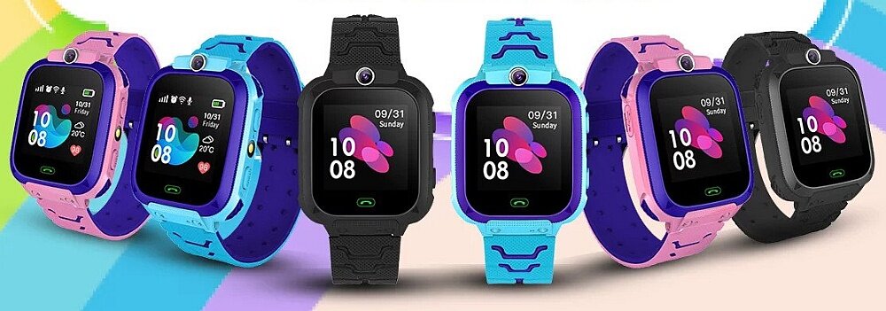 Na obrazie widoczne są różnokolorowe smartwatche z wyświetlaczami pokazującymi godzinę 10:08 i datę 09/31 Sunday. Każdy zegarek ma kolorowy pasek i okrągły przycisk na obudowie.