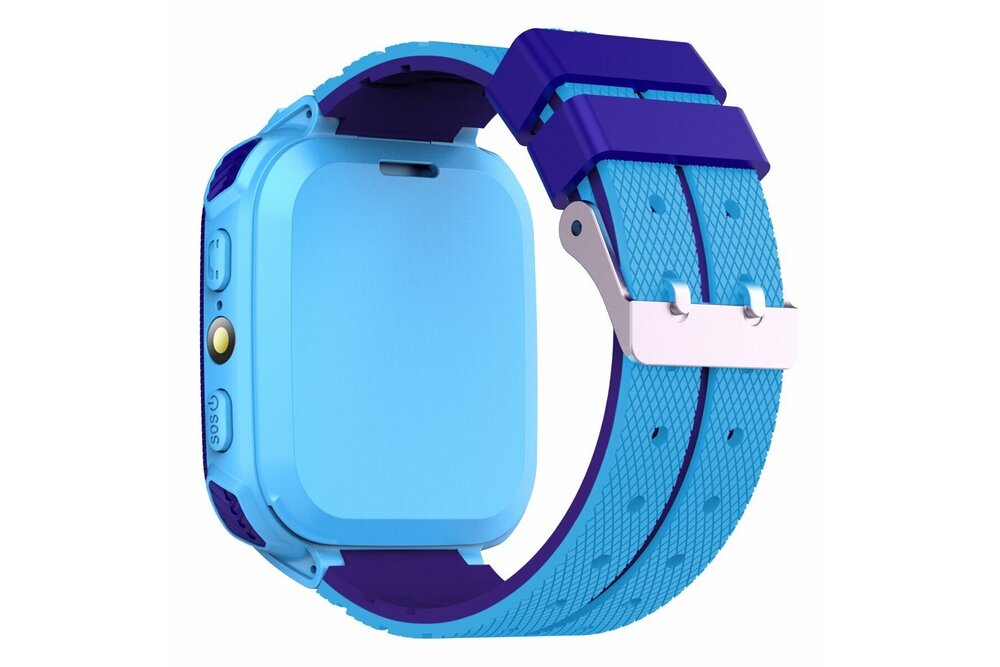 Smartwatch w kolorze niebieskim z fioletowymi akcentami, posiada przycisk z napisem \'SOS\' na boku. Pasek jest teksturowany i zapinany na srebrną klamrę.