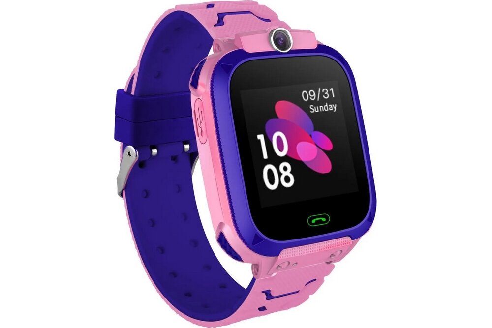 Smartwatch w kolorze różowym z fioletowymi akcentami, posiada wyświetlacz pokazujący godzinę 10:08 oraz datę 09/31 Sunday. Na obudowie znajduje się kamera, a pasek jest wykonany z tworzywa sztucznego.