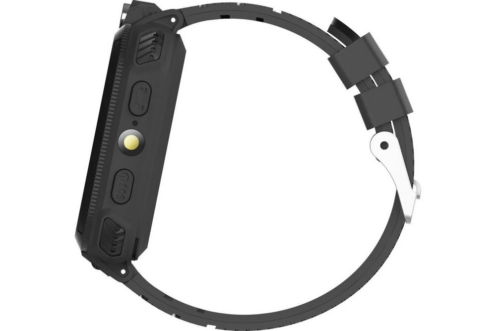 Czarny smartwatch z okrągłą tarczą i gumowym paskiem, widoczny z boku. Na obudowie znajdują się przyciski i mały okrągły element w kolorze złotym.
