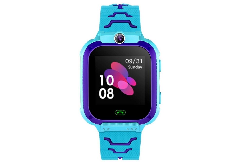 Smartwatch z niebieskim paskiem i kolorowym wyświetlaczem, na którym widoczna jest godzina 10:08 oraz data 09/31 Sunday. Na ekranie znajduje się również kolorowy motyw graficzny.