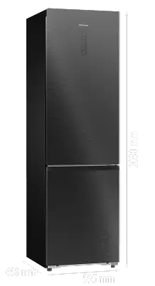 Czarna lodówka z dwoma drzwiami, na górze widoczny napis \'HISENSE\'. Obok lodówki podane wymiary: 595 mm, 2030 mm, 658 mm.