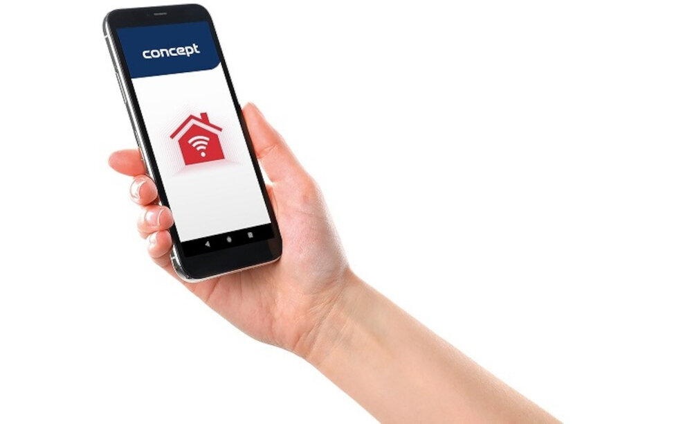 Osoba trzyma smartfon z logo \'concept\' na ekranie, na którym widoczna jest ikona domu z symbolem Wi-Fi.