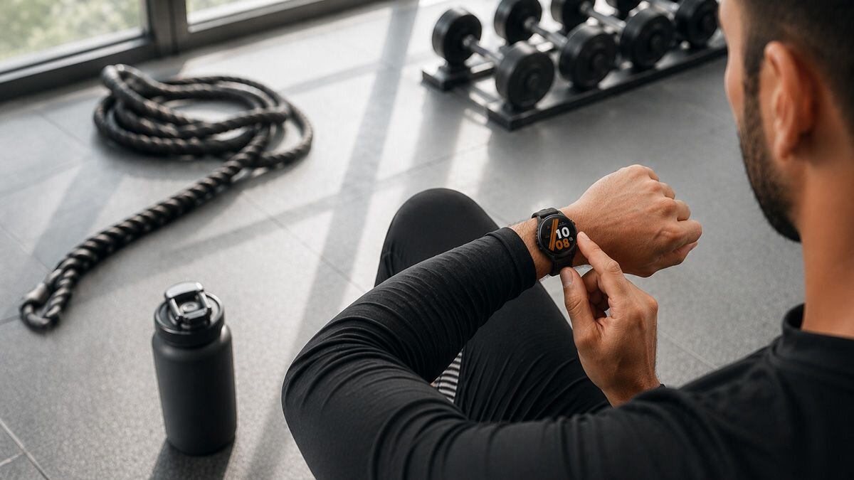 Pływak z zegarkiem sportowym płynie kraulem, na dłoni ma smartwatch HAMMER WATCH VENTUS PRO; grafika podkreśla 5 ATM, MIL-STD 810H i szkło Panda Glass.
