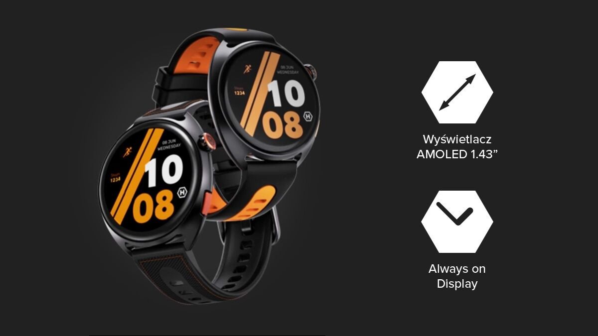 Dwa czarne smartwatche HAMMER WATCH VENTUS PRO - jeden z czarnym paskiem, drugi z pomarańczowym akcentem; grafika wyróżnia ekran AMOLED 1,43 cala i Always on Display.