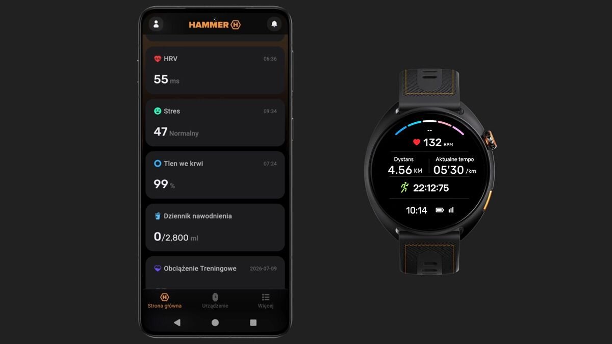 Smartfon HAMMER VENTUS 5G z aplikacją HAMMER App pokazuje dane zdrowotne, a smartwatch HAMMER WATCH VENTUS PRO parametry biegu: tętno, dystans i tempo.