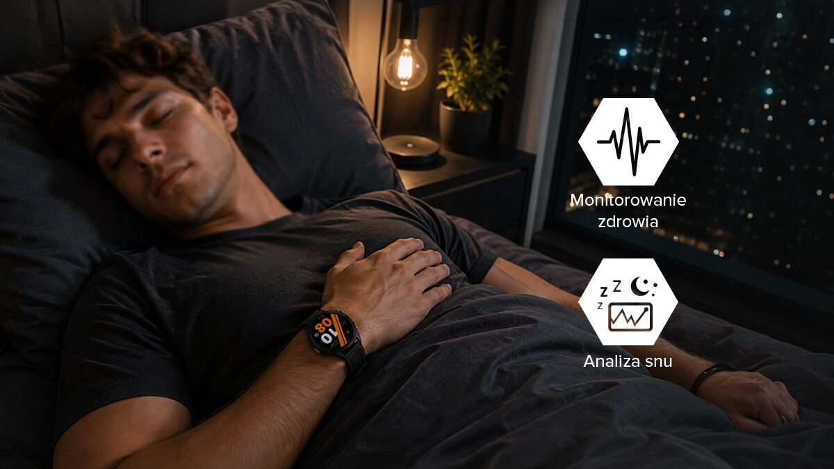 Mężczyzna śpi ze smartwatchem HAMMER WATCH VENTUS PRO na nadgarstku; grafika przedstawia monitorowanie zdrowia i analizę snu.