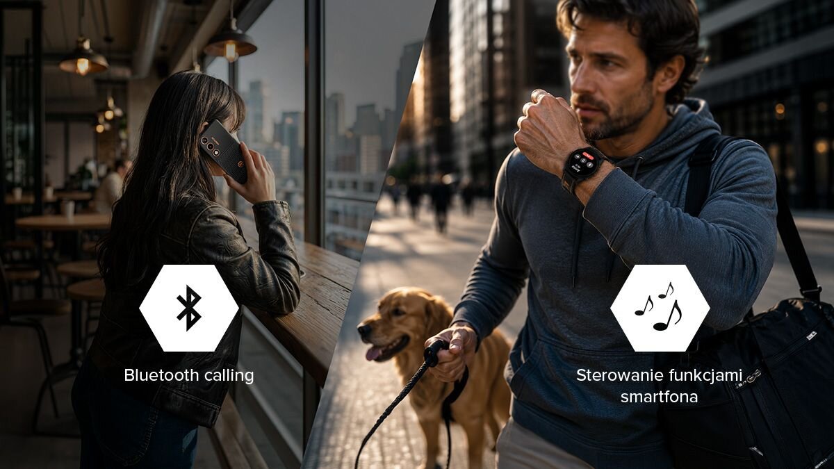 Kobieta rozmawia przez smartfon HAMMER VENTUS 5G, a mężczyzna używa Bluetooth calling, aby rozmawiać ze smartwatcha HAMMER WATCH VENTUS PRO podczas spaceru z psem.