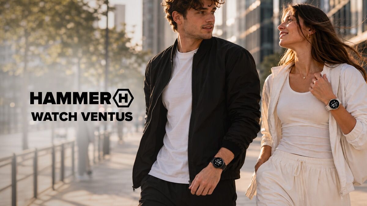 Kobieta i mężczyzna spacerują po mieście w smartwatchach HAMMER WATCH VENTUS.