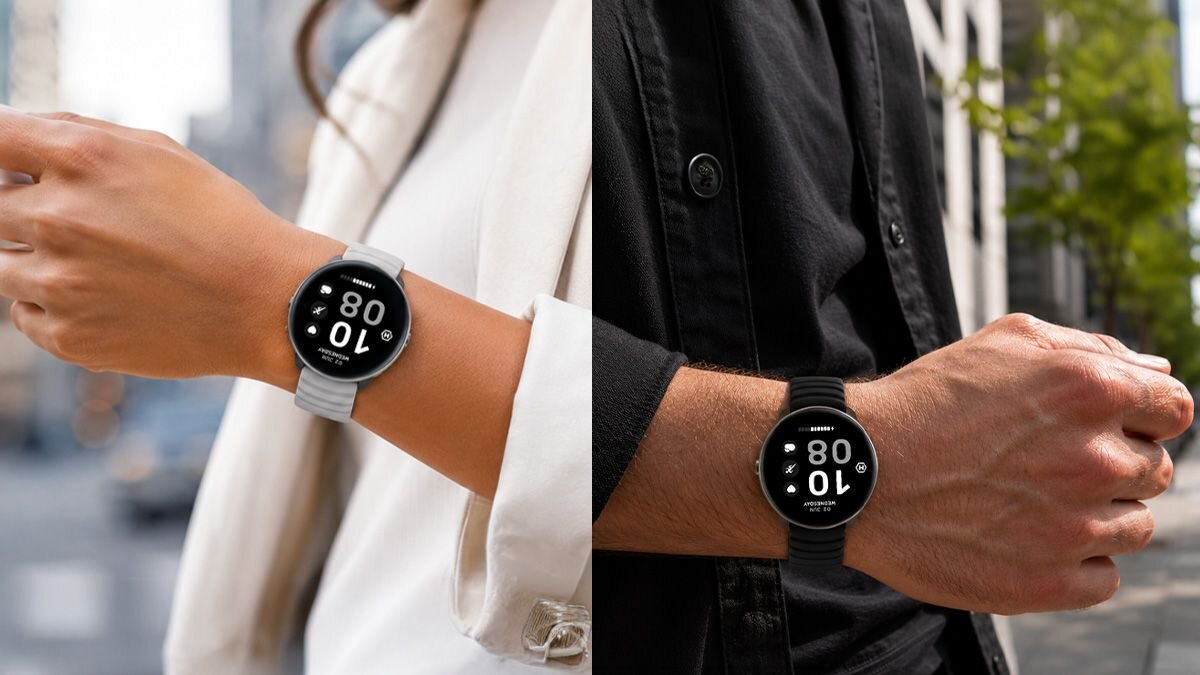 Dwa nadgarstki prezentują smartwatch HAMMER WATCH VENTUS w jasnej i czarnej wersji kolorystycznej.
