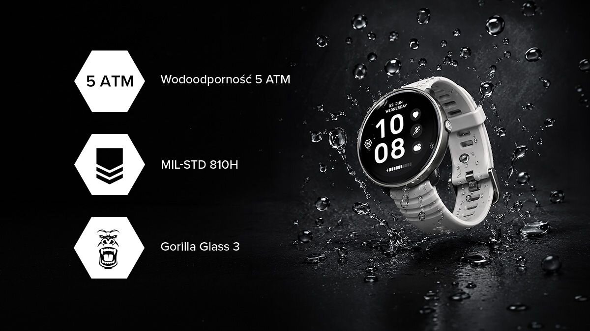 Ssmartwatch HAMMER WATCH VENTUS w kroplach wody; grafika podkreśla 5 ATM, normę MIL-STD 810H i szkło Gorilla Glass 3.
