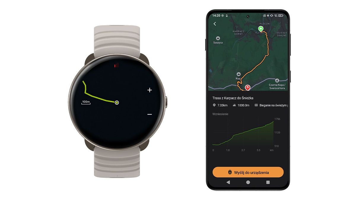 Smartwatch HAMMER WATCH VENTUS pokazuje trasę, a smartfon HAMMER VENTUS 5G mapę biegu z Karpacza na Śnieżkę oraz profil wysokości.