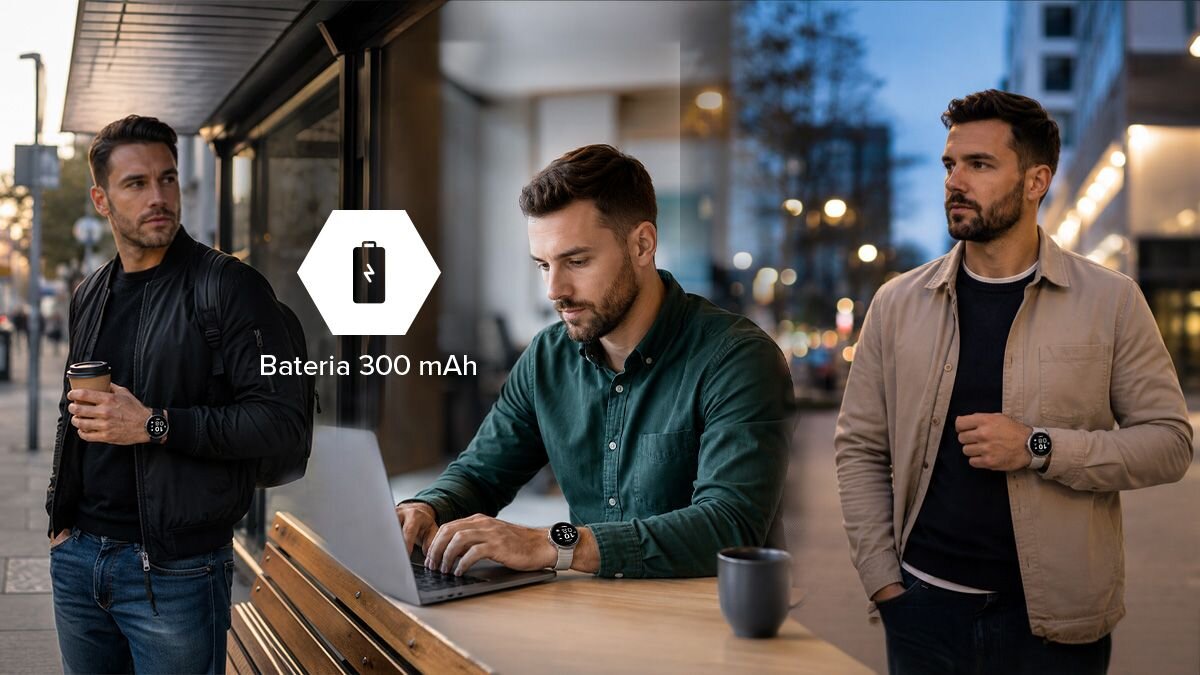 Trzy ujęcia mężczyzny ze smartwatchem HAMMER WATCH VENTUS podczas dnia; grafika podkreśla baterię 300 mAh.