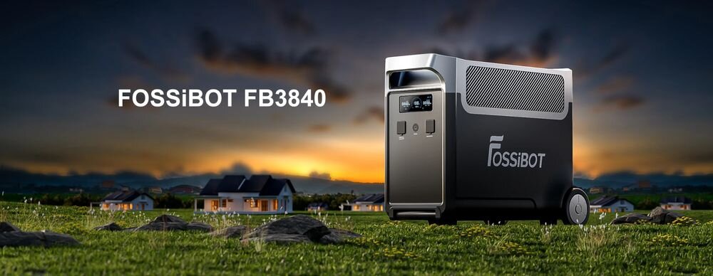 Bateria FOSSIBOT FB3840 3840Wh do F3600 Pro, odporność, temperatura, certyfikaty, obudowa, Przenośna stacja zasilania w plenerze o zachodzie słońca.
