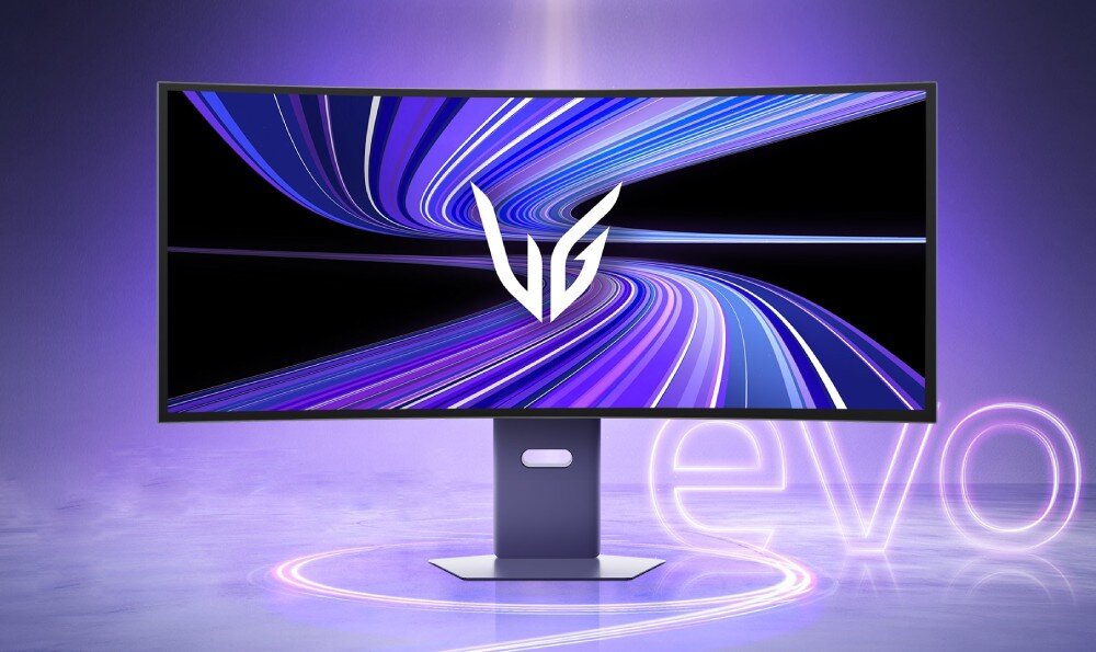 Monitor LG UltraGear OLED 39GX950B-B Szeroki, zakrzywiony monitor na podstawie, z logo na ekranie i jasnymi smugami światła w tle oraz napisem 'evo'